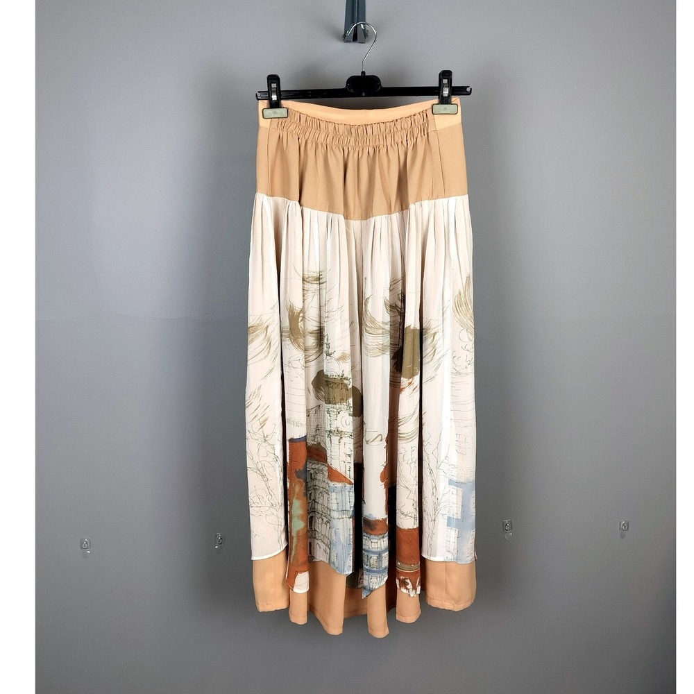 Pleated Chiffon Architecture Print Maxi Skirt‎ Women Medium Tan Cream